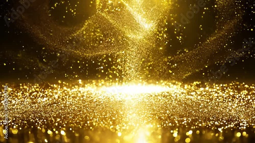 Visual display of golden particles swirling in abstract patterns at an indoor location during nighttime. concept of new year, christmas