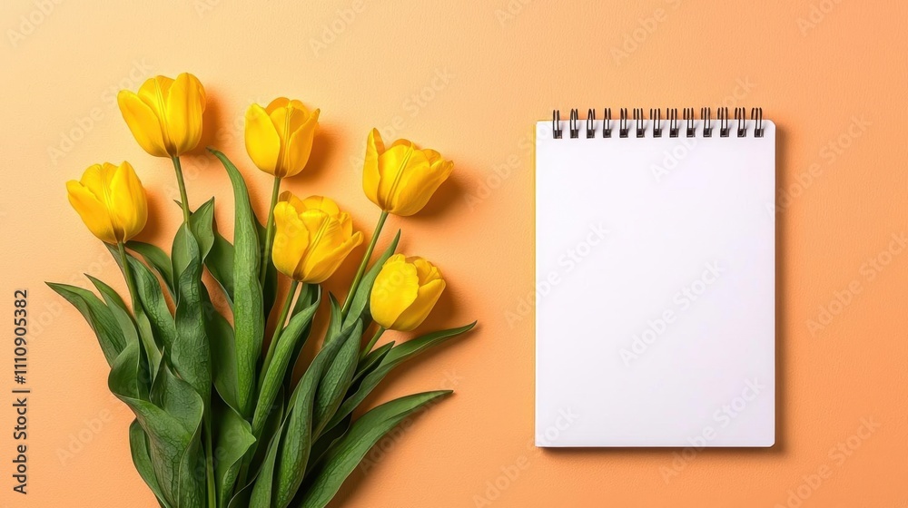 A photostock of hands arranging tulips and a blank notebook on a soft pastel pink background for a creative floral theme. High Quality A photostock of hands arranging tulips and a blank notebook on a soft pastel pink background for a creative floral theme. High Quality