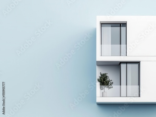 Minimalist urban block, white architecture with sharp details, 3D illustration