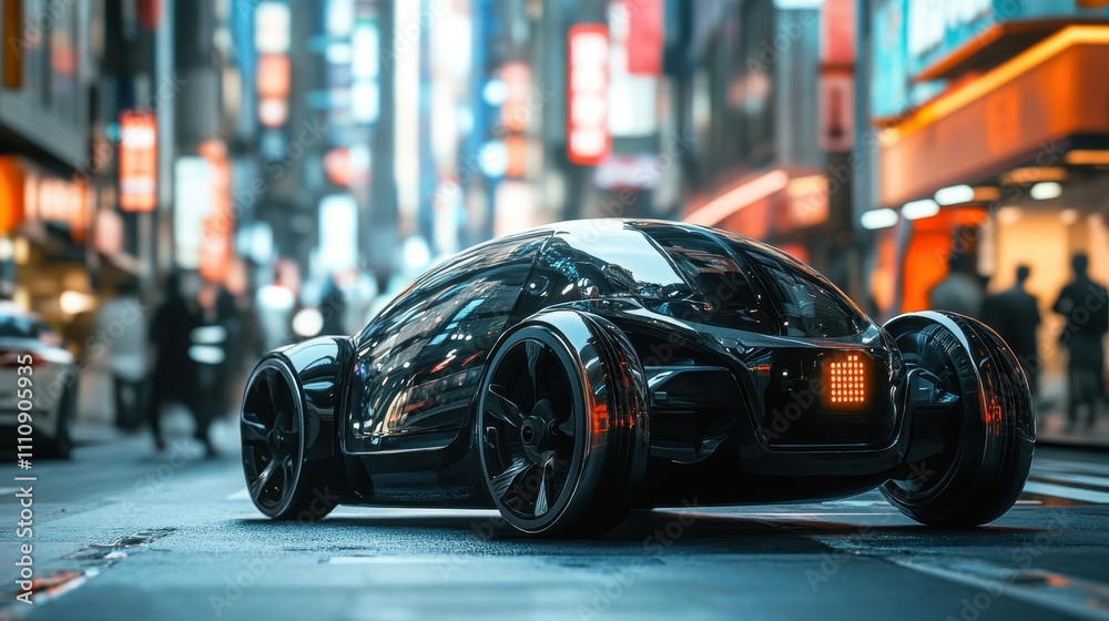 Futuristic Black Car in Urban Night Scene Futuristic Black Car in Urban Night Scene