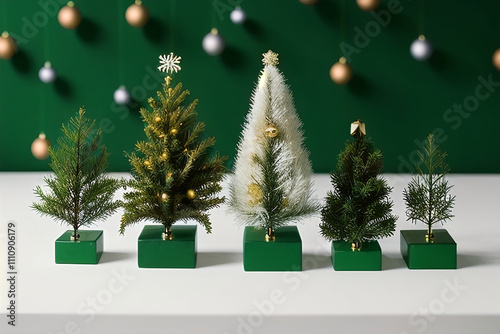 A minimalist setup featuring small Christmas trees and colorful baubles against a green backdrop, evoking holiday spirit