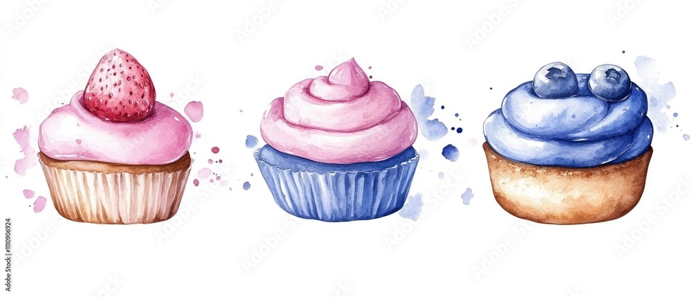 Three colorful cupcakes with frosting and fruit toppings, showcasing dessert art.