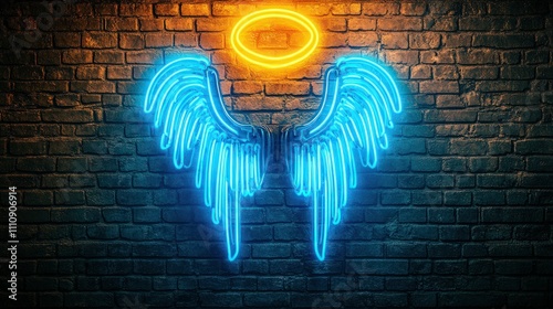 Neon angel wings in vivid blue light, mounted on a textured brick wall, with a glowing yellow halo above for an ethereal vibe.