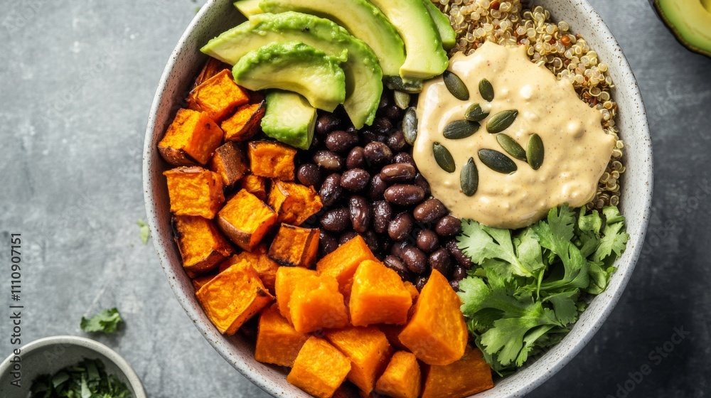 Photo of, A colorful Buddha bowl filled with quinoa, roasted vegetables