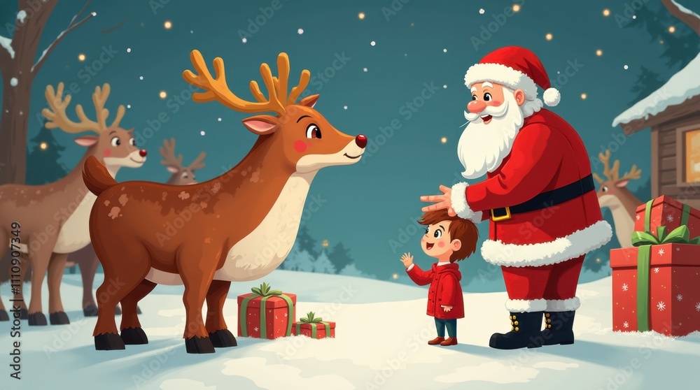 Child Meeting Santa and Reindeer at Holiday Event Child Meeting Santa and Reindeer at Holiday Event