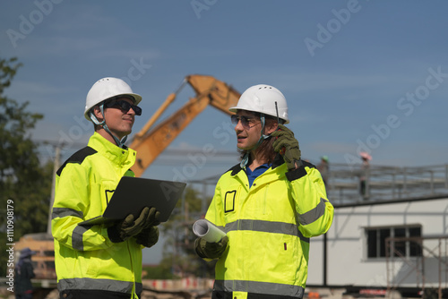 Two surveyor of construction engineer, architect, in hardhat working on construction site.