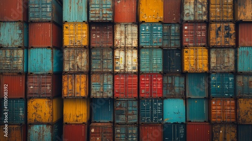 A vibrant array of stacked shipping containers showcases varying colors and textures, ideal for illustrating themes of logistics, trade, or industrial settings in marketing materials or presentations photo