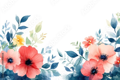 A beautiful watercolor floral arrangement featuring vibrant red and pink flowers with lush green leaves, perfect for greeting cards, invitations, or decorative purposes