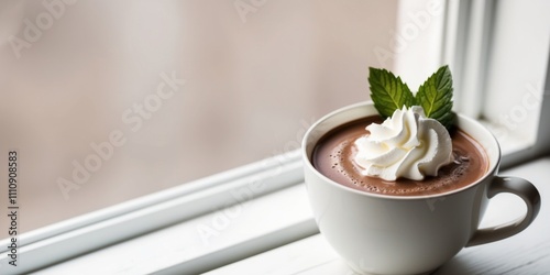 Rich Hot Cocoa with Whipped Cream and Peppermint on Windowsill. photo