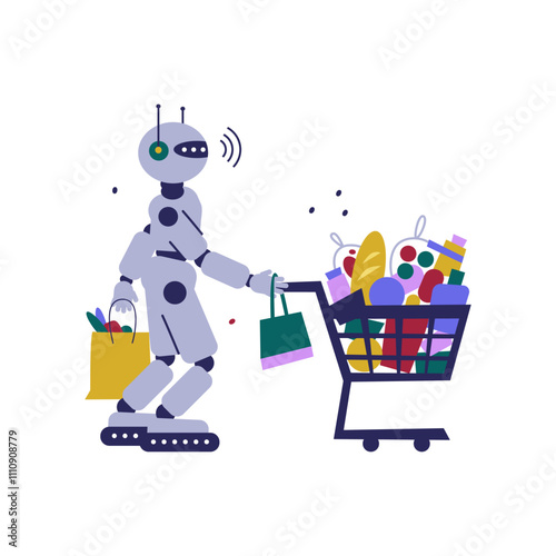 Robot pushing trolley cart full of groceries. Bot helper concept artificial intelligence. 
Artificial intelligence technology. Cartoon flat vector illustration. 