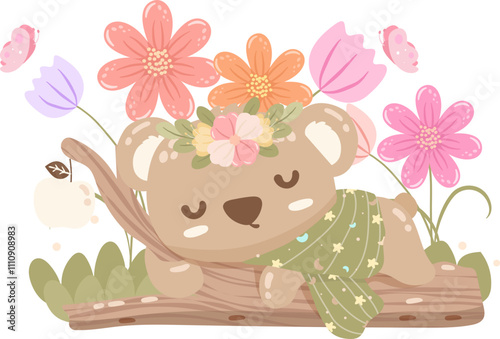 Cute little bear sleeping in a flower garden element