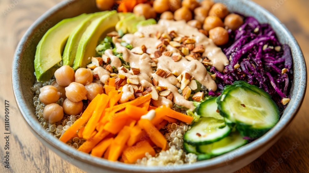 Photo of, A colorful buddha bowl filled with quinoa, roasted vegetables Photo of, A colorful buddha bowl filled with quinoa, roasted vegetables