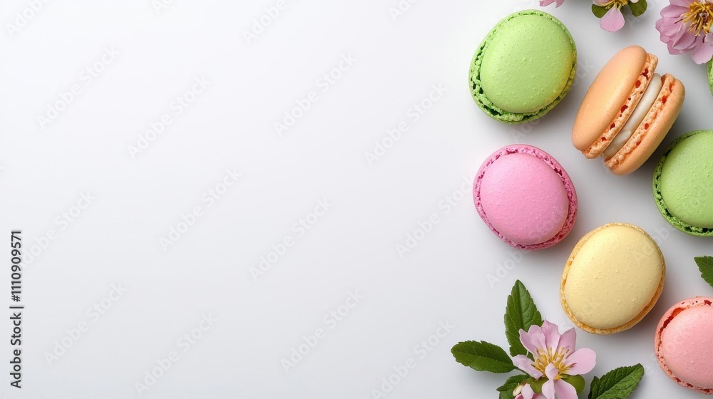 A photostock of pastel-colored macarons arranged on a clean white background with delicate flowers for a sweet and elegant touch. High Quality