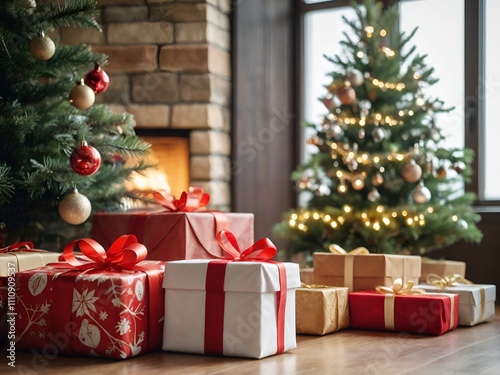 A beautiful Christmas gift in front of fireplace and Christmas tree.