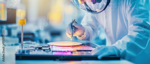 An architectural detail of a semiconductor clean room with engineers inspecting semiconductor wafers under magnification, Semiconductor inspection scene, Microelectronics manufacturing style photo