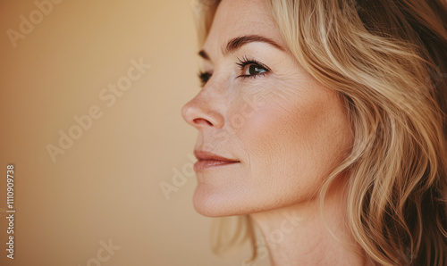 A mature woman with blonde hair and natural beauty looking confidently to the side 