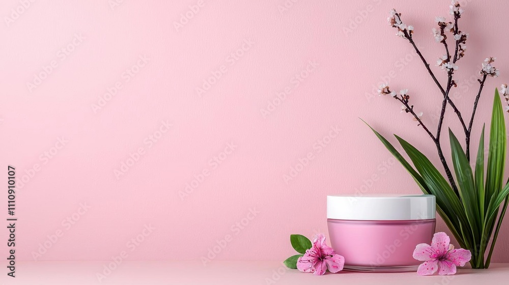 A photostock of skincare products arranged on a light pink background with soft shadows and minimalistic decor. High Quality A photostock of skincare products arranged on a light pink background with soft shadows and minimalistic decor. High Quality