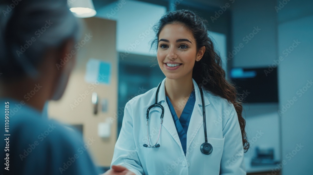 A young female doctor warmly greeting a patient in her office. A young female doctor warmly greeting a patient in her office.
