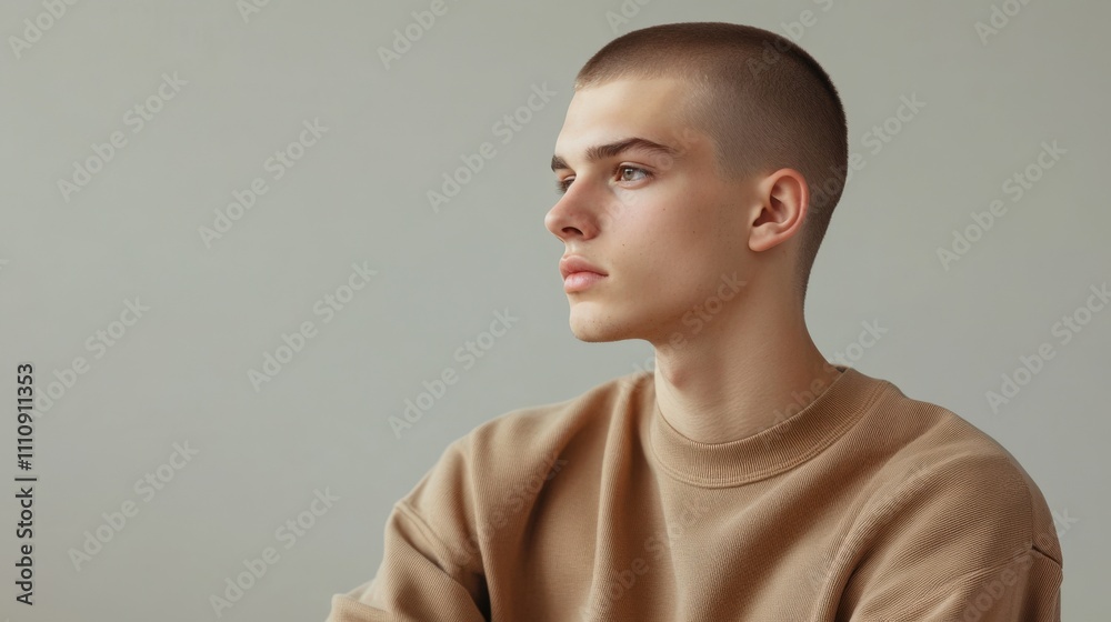 Thoughtful Young Man in Minimalist Setting Thoughtful Young Man in Minimalist Setting