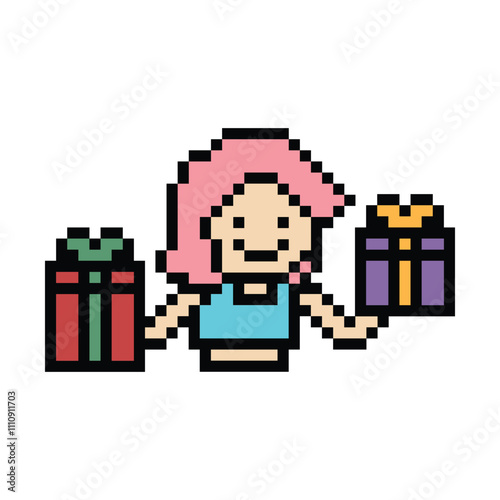 Cute pixel cartoon 8bit character woman give gift box birthday christmas bonus reward surprise decoration 8 bit female girl give gift box shopping bonus christmas day game png vector.