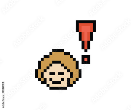 Cute pixel cartoon character man notice with exclamation mark decoration 8 bit male boy surprise idea exclamation alert cartoon pixel game png vector.
