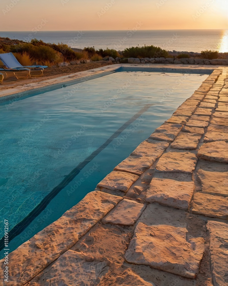 Swimming pool on Cyprus island at sunset - travel background Swimming pool on Cyprus island at sunset - travel background