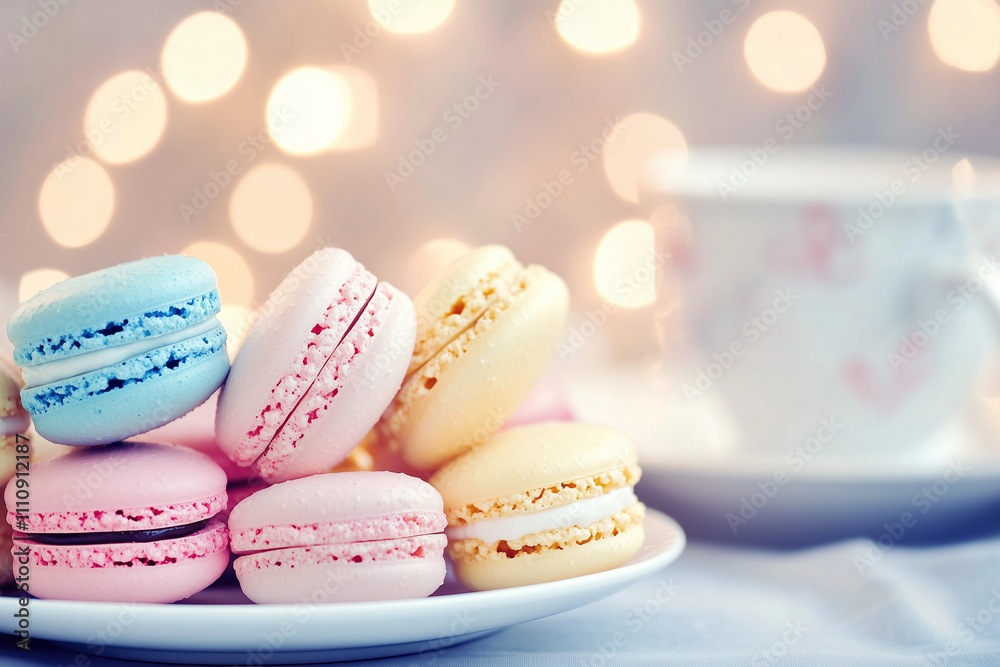 Fototapeta premium Plate of pastel-colored macarons with blurred bokeh lights and a tea cup in the background