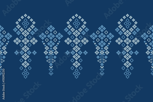 Ethnic motif pattern traditional ikat geometric fabric pattern cross stitch. Embroidery Ethnic oriental Pixel blue background.Abstract,vector,illustration. Texture,decoration,wallpaper.
