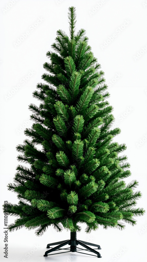 Artificial Christmas Tree: Realistic Evergreen on Black Stand, Isolated on White for Holiday Retail and Decor Marketing Artificial Christmas Tree: Realistic Evergreen on Black Stand, Isolated on White for Holiday Retail and Decor Marketing