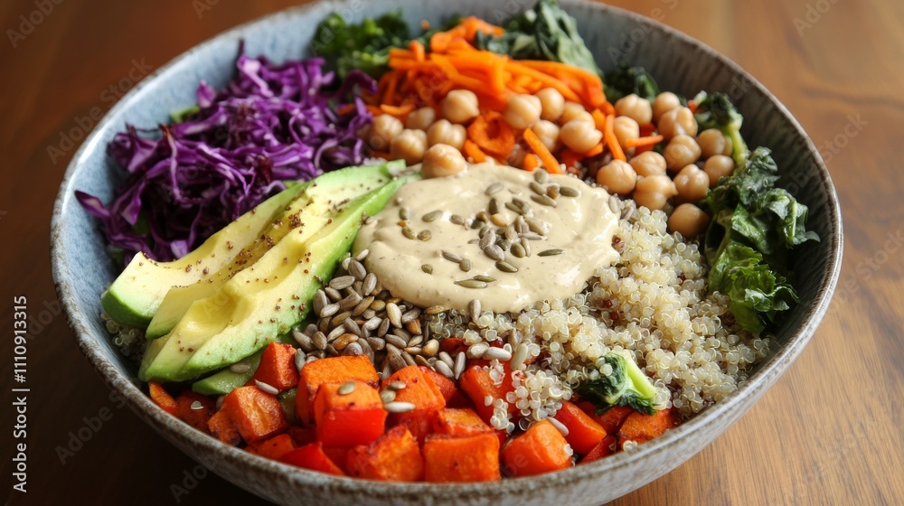 Photo of, A colorful Buddha bowl filled with quinoa, roasted vegetables