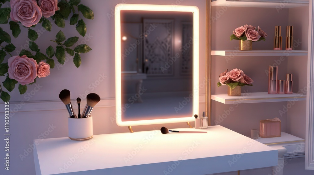 Fototapeta premium Minimalist vanity with a glowing mirror, white tabletop holding makeup brushes and delicate roses. 