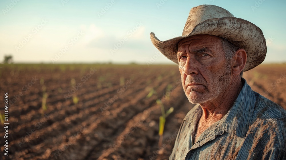 A weathered farmer stands amidst his crop fields, gazing thoughtfully into the distance