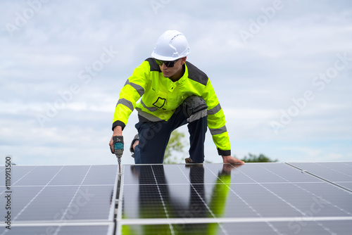 Wallpaper Mural Renewable Energy Eco Technology Electric Power. Worker assemble energy system with solar panel for electricity. Torontodigital.ca