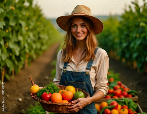 A cheerful woman in overalls and a hat carries a basket of fresh vegetables in a lush garden. The scene conveys themes of nature, agriculture, and happiness.