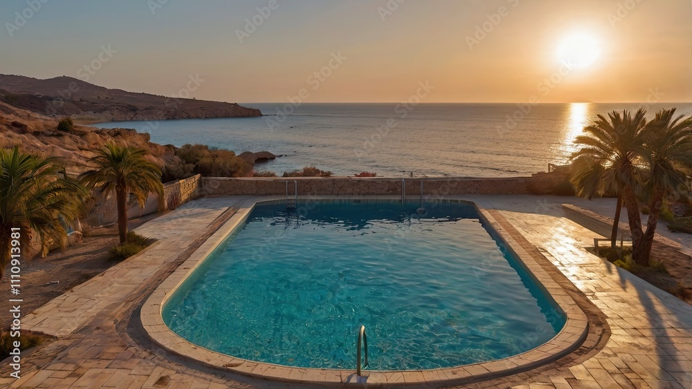 Fototapeta premium Swimming pool on Cyprus island at sunset - travel background