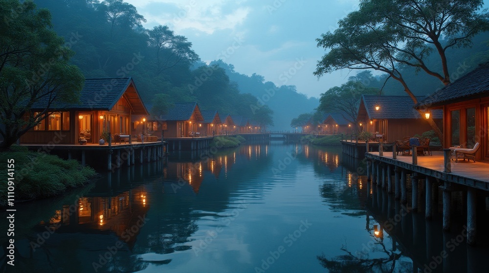 Obraz premium Tranquil Stilt Village Above a Calm Lake