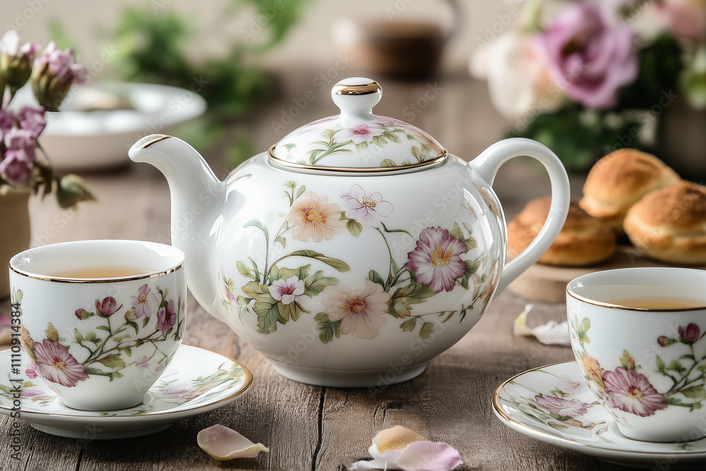 Floral porcelain tea set with pastries Floral porcelain tea set with pastries