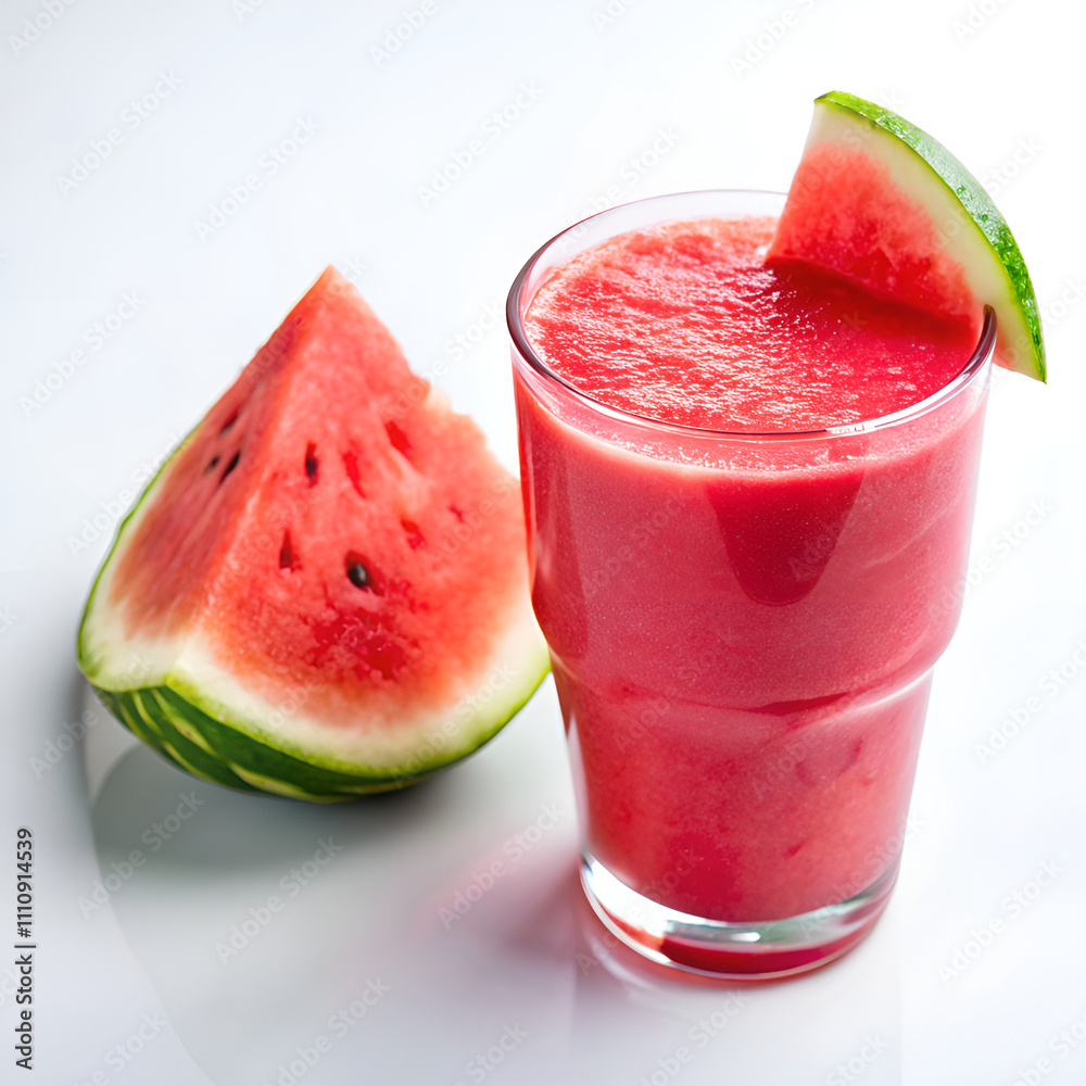 A glass of red juice with a slice of watermelon on top A glass of red juice with a slice of watermelon on top
