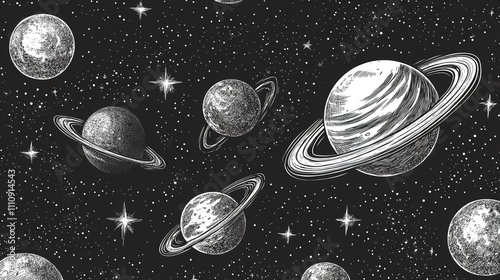 Vector Seamless Pattern with Planets and Stars in an Engraving Style

 photo