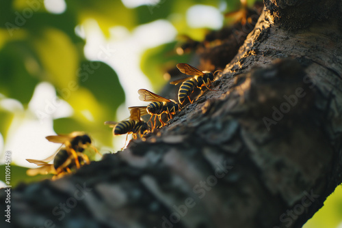 Wasps on a tree branch in a natural setting photo