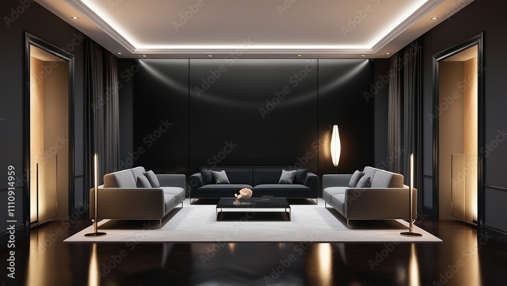 Home interior, luxury modern dark living room interior, black empty wall mock up, 3d render Home interior, luxury modern dark living room interior, black empty wall mock up, 3d render