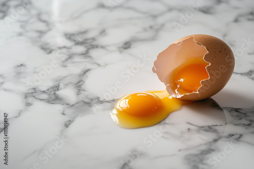 Cracked egg with yolk on a marble surface photo