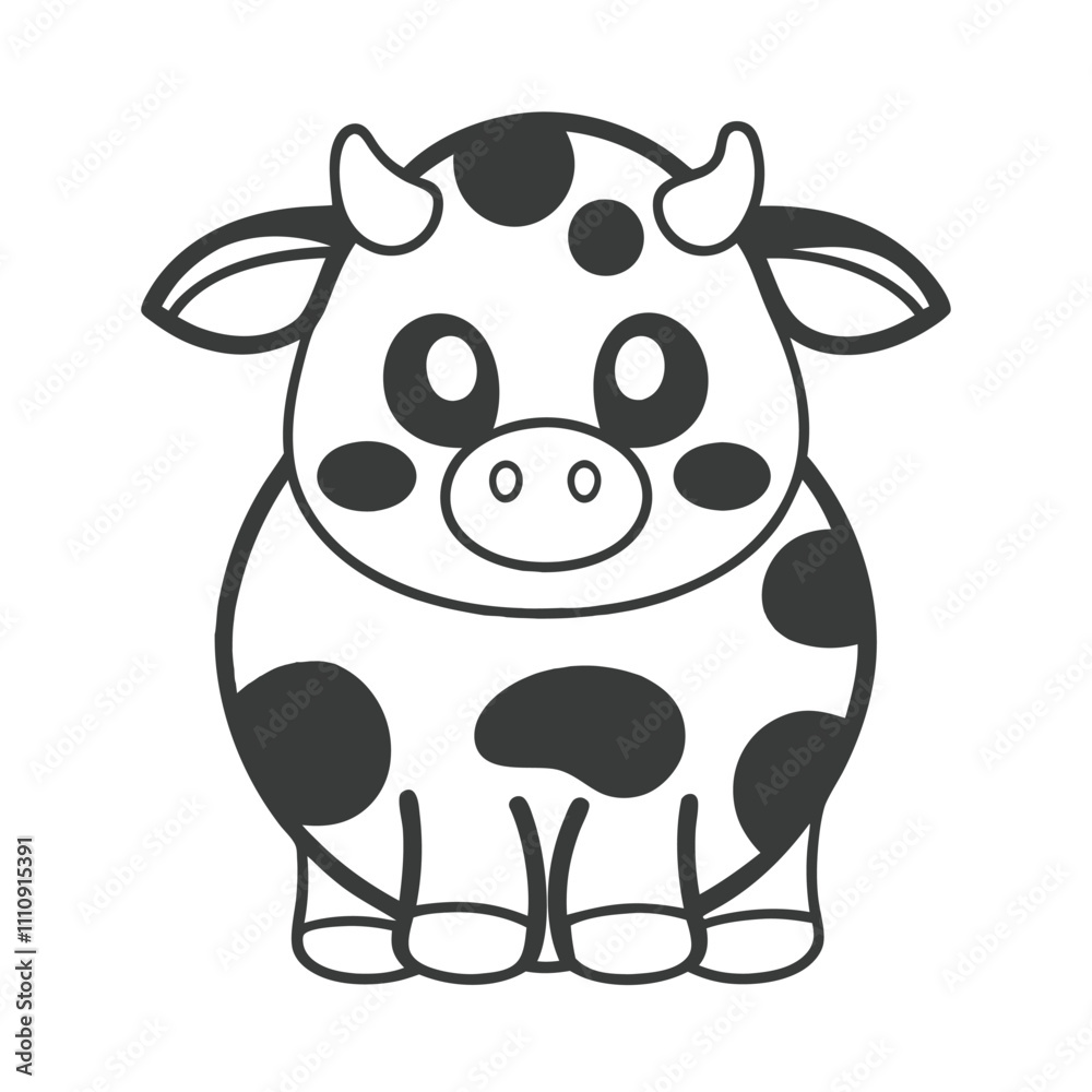 Fototapeta premium Cute Cartoon Cow Coloring Page for Kids Kawaii Style Vector Art.