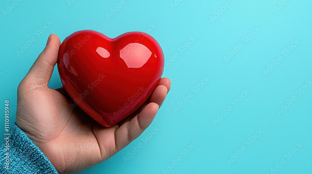 A photostock of a hand holding a red heart against a pastel blue background, conveying care and kindness. High Quality A photostock of a hand holding a red heart against a pastel blue background, conveying care and kindness. High Quality