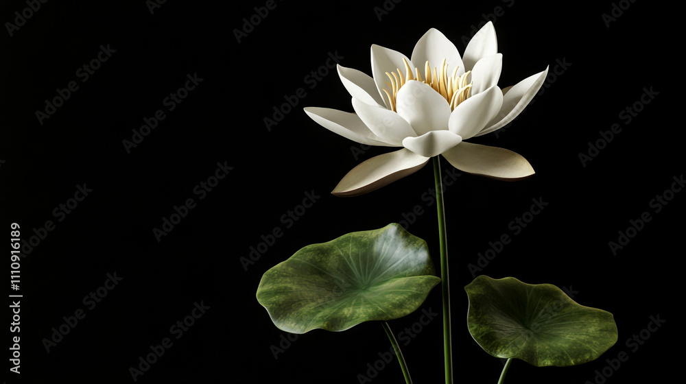 Fototapeta premium White water lily flower with green leaves on a black background