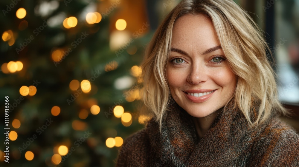 Radiant Woman Smiling Near Festive Christmas Tree with Warm Lights Radiant Woman Smiling Near Festive Christmas Tree with Warm Lights