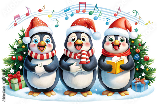 Three penguins are singing Christmas carols and wearing Santa hats