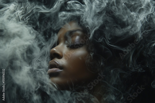 Woman’s portrait enveloped in soft smoke and shadows