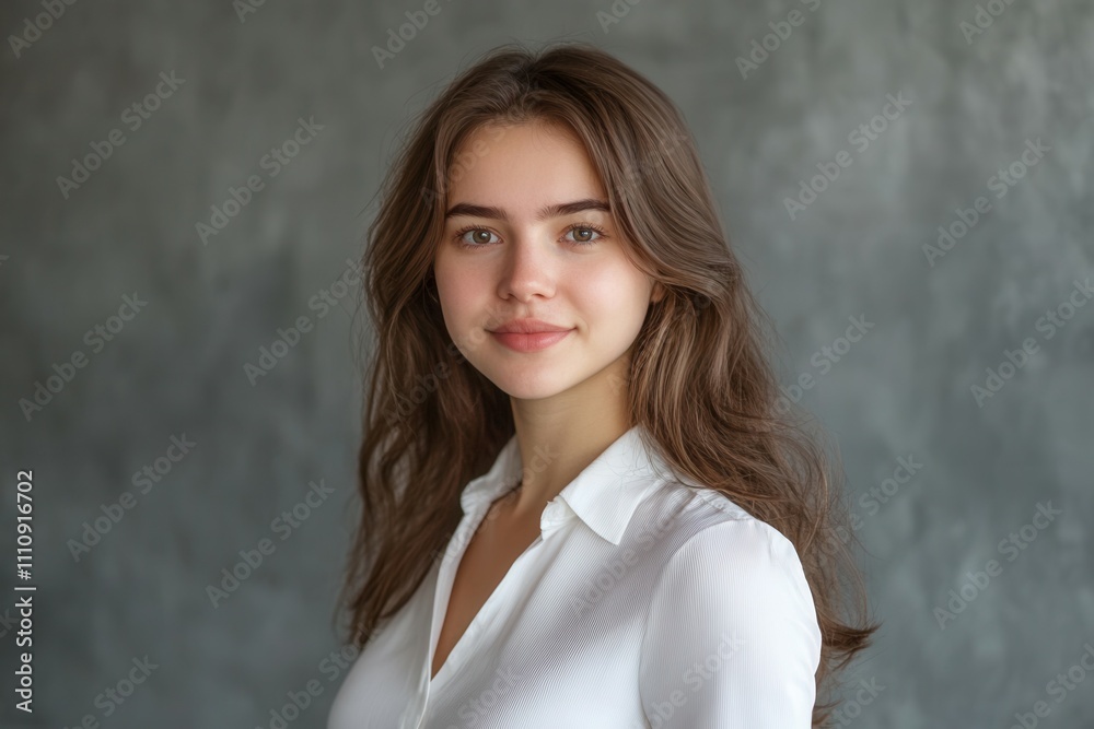A young woman with long brown hair stands confidently, wearing a white blouse. Her natural expression and soft features create a warm and inviting atmosphere against the smooth gray backdrop. A young woman with long brown hair stands confidently, wearing a white blouse. Her natural expression and soft features create a warm and inviting atmosphere against the smooth gray backdrop.