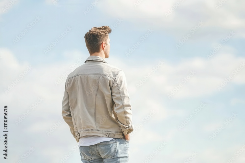 A young man with stylish hair stands outdoors, gazing into the distance. He wears a light jacket and jeans while enjoying a peaceful moment surrounded by a dramatic sky filled with fluffy clouds.